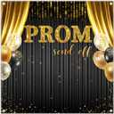 6x6ft Fabric 2026 Prom Send Off Backdrop Black and Gold Glitter Graduation Balloon Photography Background Congrats Grad Class School Party Decorations Photo Banner