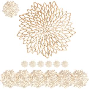 Defined Deco 6-Pack Gold Vinyl Placemats,15" Viny Table Mats, Round Leaf Design Table Chargers for Fall Dining Table Settings,Plates Chargers Round Dining Place Mats