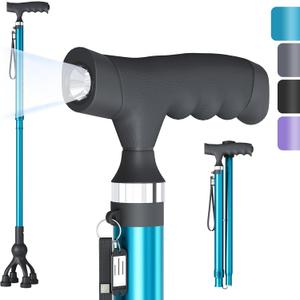 Walking Cane with LED Light for Seniors Men Women, Adjustable Folding Canes for Elderly, Ergonomic Handle & All Terrain Shock Absorbing Base, Walking Sticks for Indoor Outdoor Travel Hiking Support
