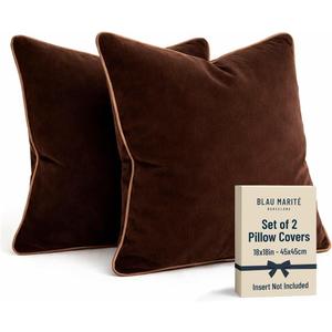 2 Pack Velvet Decorative Throw Pillow Covers, 18"x18", Brown and Camel, Solid, Modern, Contrast Piping, Indoor Use, Bedroom & Living Room