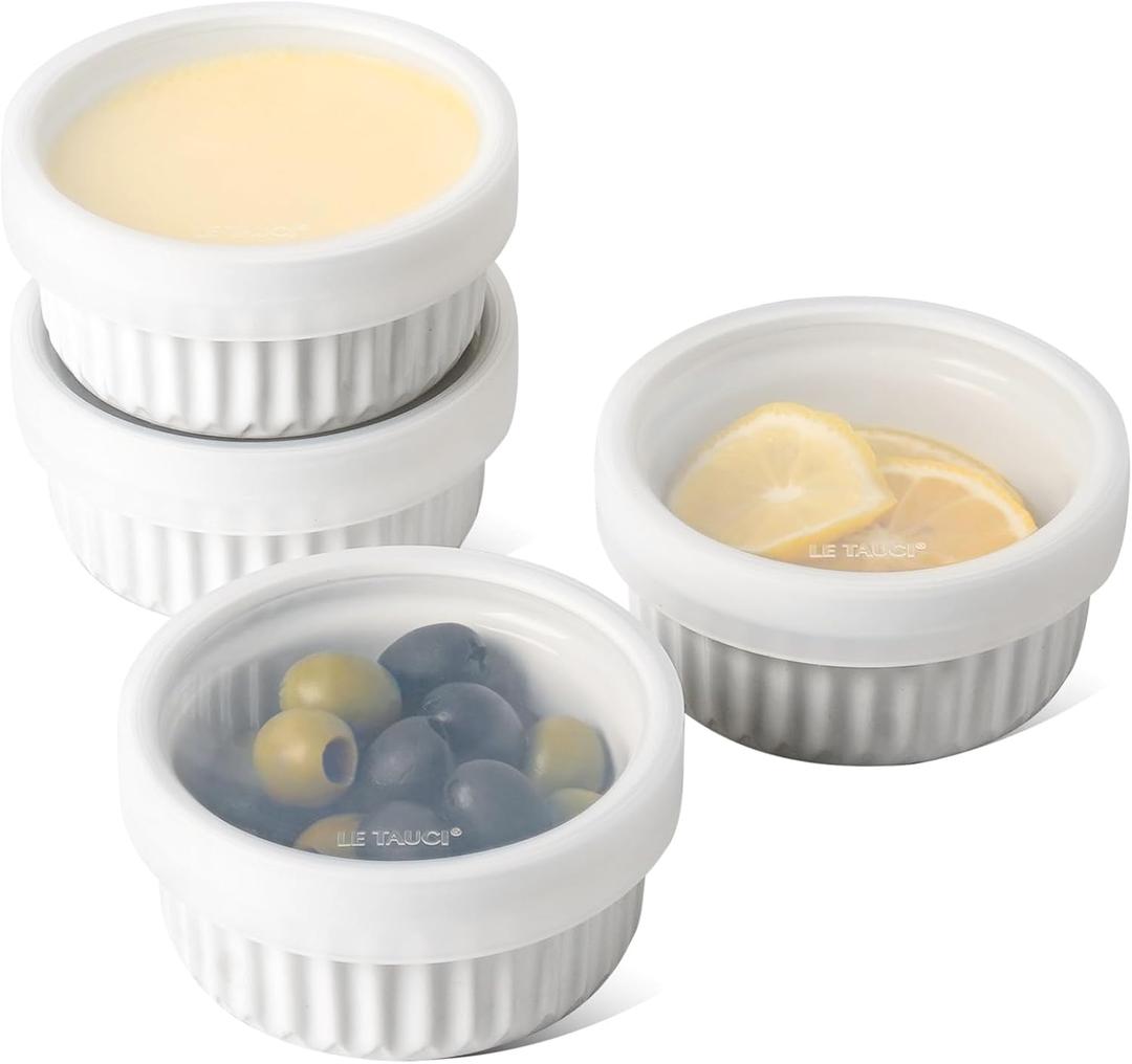LE TAUCI Ramekins with Silicone Lids, 4 OZ Ceramic Souffl Dishes, Ramekin Bowls for Crme Brle, Dessert, Dips, Oven & Microwave Safe, Set of 4, White