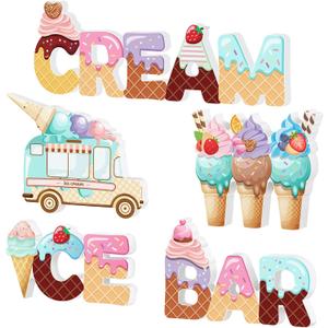 Kigley 5 Pcs Wooden Ice Cream Centerpiece Table Sign Ice Cream Bar Letter Truck Decorations Party Favor for Summer Theme Baby Bridal Shower Wedding Graduation Birthday Supplies
