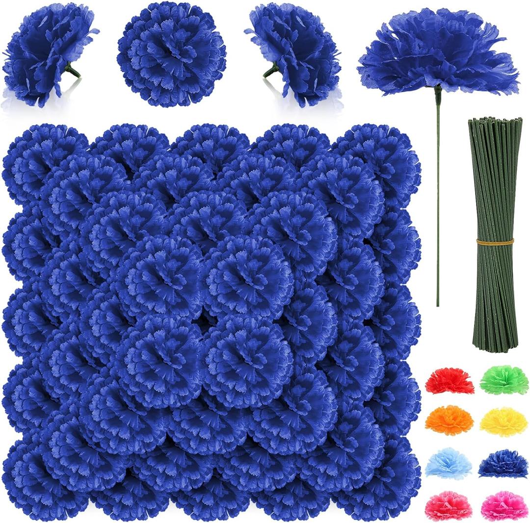108pcs Carnation Head Flowers with Stem, Royal Blue Artificial Flowers Carnation Bulk - 3.5" Blue Silk Carnations Fake Flower for Bridal Wedding Bouquet Tables Centerpieces Grad Party Cemetary Decor