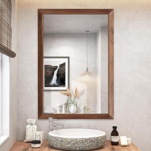 SMIROR 24x36 Inch Wood Grain Bathroom Mirrors for Over Sink, Walnut Metal Framed Vanity Mirror for Wall, Rectangular, Right Angle Corner, Thick Frame (Horizontally/Vertically)