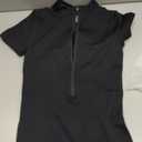 OQQ Women Rompers Ribbed Short Sleeve Zip Front Stretch Tummy Control Yoga Workout Rompers (Medium, Black)