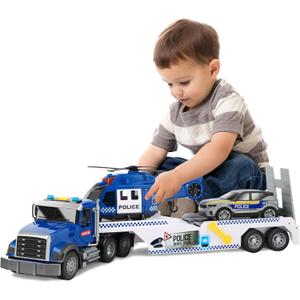 Police Semi Trailer Truck Toy, Large Flatbed Truck Carrier with Police Car and Helicopter, Lights and Sounds, Birthday for Kids Boys Age 3 4 5 6+