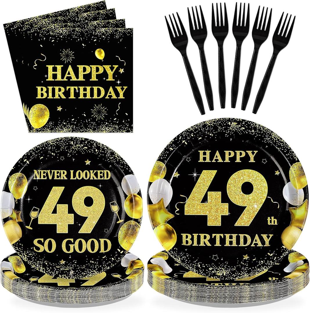 96Pcs Happy 49th Birthday Party Decorations for Men Women Black Gold 49th Paper Plates and Napkins Set Never Looked 49 So Good Theme Decorations for Cheers to 49 Years Old Party Supplies Serves 24