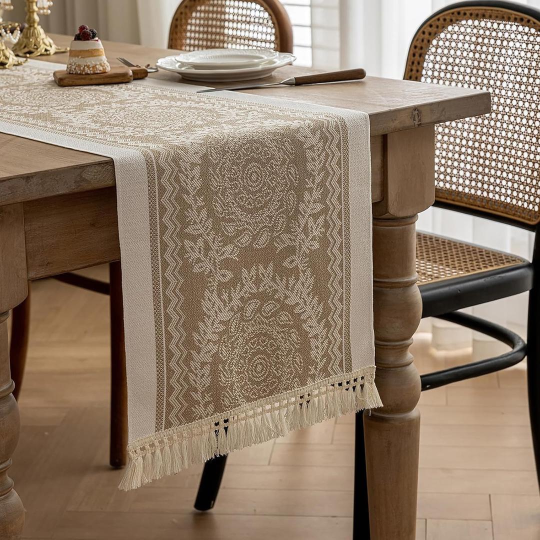 Farmhouse Boho Rustic Neutral Table Runner Decor with Tassel for Kitchen, Dining Table, Coffee Table