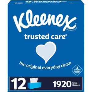 Kleenex Trusted Care 2-ply Facial Tissues, Flat Boxes (160 tissues/box, 12 boxes) (White)