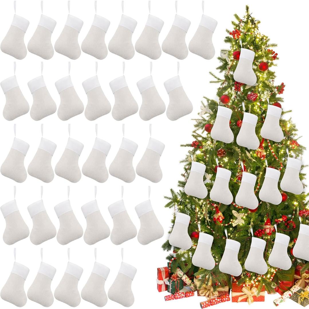 Seematn 50 Pcs Mini Christmas Stockings Small Christmas Stockings Bulk Xmas Tree Decorations for Office Colleague Gifts Church Charity Donate Decor, 5.9 x 3.2 Inch(Ivory,White)