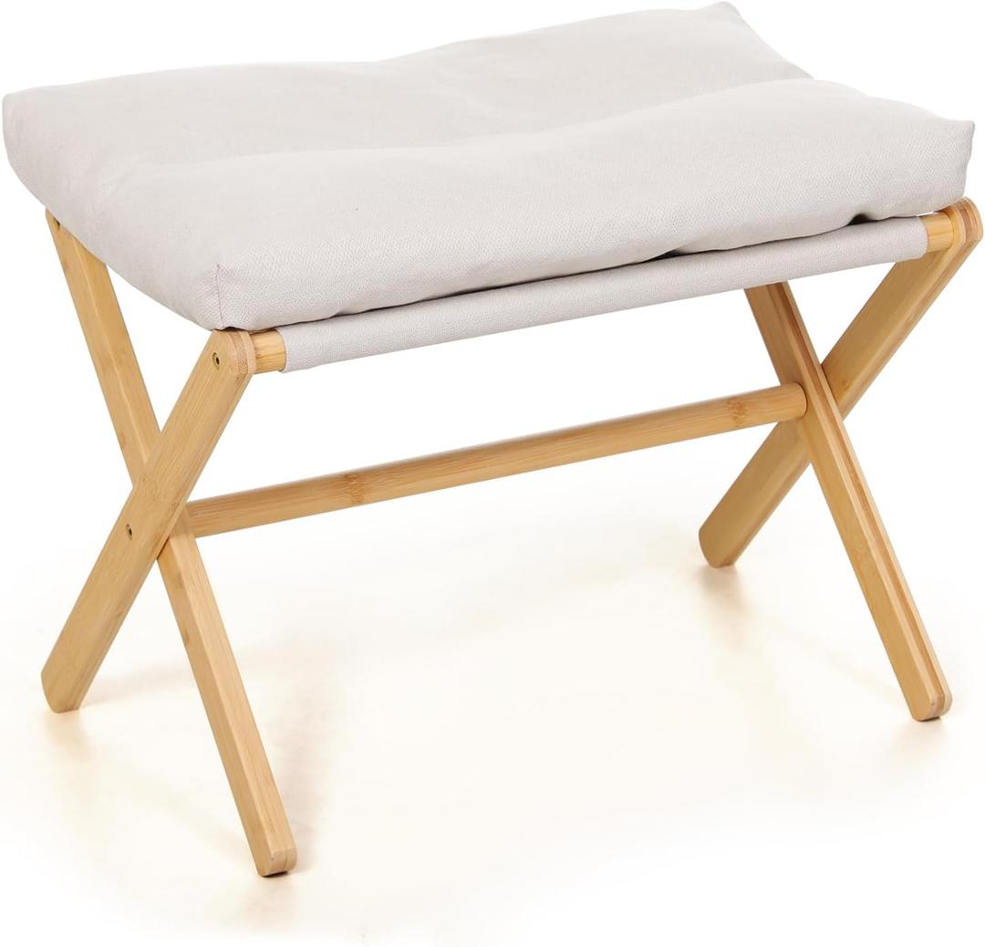 TYYIHUA Folding Foot Stool,Small Ottoman Foot Rest for Couch,Wooden Footstool,Change Shoes Bench,Modern X Ottoman Chair for Living Room, Entryway, Children Room, Bedroom,Caravaning (White)