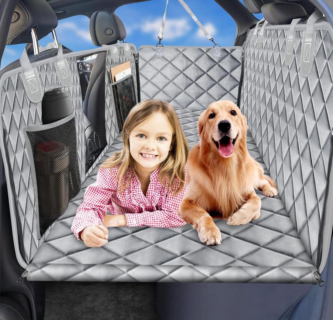URPOWER XL Dog Back Seat Extender for Crew Cab Truck, Hard Bottom Dog Car Seat Cover Waterproof Dogs Car Hammock Pet Backseat Bed, Pet Truck Accessories for F150 / RAM 1500/ Tundra Crew Cab (Grey)