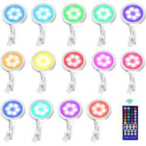 RGB & Warm White Color Under Cabinet Lighting, Hard Wired LED Under Cabinet Closet Lights Puck Light with IR Remote, Dimmable Under Counter Lighting for Wardrobe Kitchen, 14-Pack