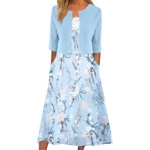 XNC Womens 2 Piece Set Fashion Fresh Plant Print Midi Dress V-Neck Half Sleeve with Jacket A-line Dresses Lounge Outfits (Blue, L)