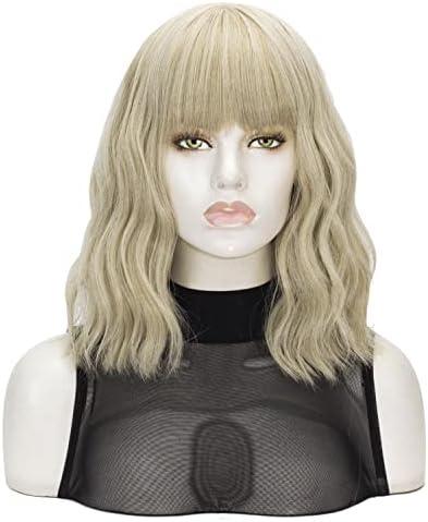 QACCF Blonde Bob Wig Short Wavy Pelucas Women Full Bang Synthetic Realistic Linen Mixed Blonde Wig with Bang (Linen)