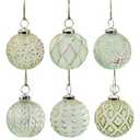 AuldHome Design Farmhouse Ball Ornaments (Set of 6, Soda Glass); Distressed Metal Glass Ball Vintage Style Christmas Decorations