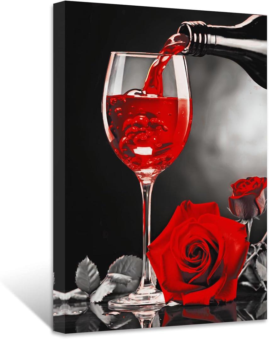 ZXHYWYM Red Wine Wall Decor Kitchen Canvas Picture Black White and Red Wine Glass Rose Painting Prints Modern Abstract Artwork for Restaurant Dining Room Bar Decor(Picture-1, (16.00" x 24.00"))