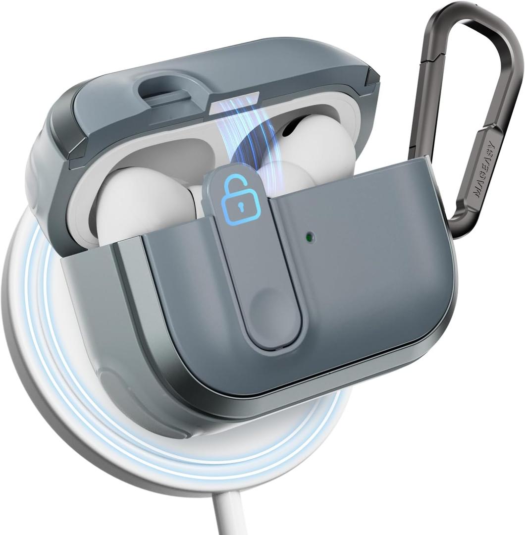 MAGEASY Odyssey AirPods Pro 2 Case Cover Rugged with Secure Lock, Carabiner Clip for Drop Protection, Wireless Charging Compatible Apple AirPod 1st 2nd Generation (Metal Blue Gray)