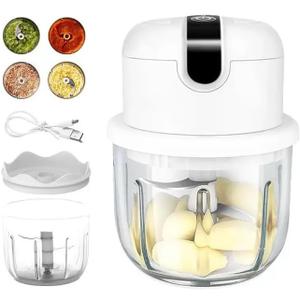 Electric Mini Food Chopper, USB Rechargeable, Wireless Garlic Mincer with Glass Bowl, White