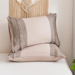Taupe Tassel Pillowcases, Khaki Standard Pillow Cases Set of 2, Soft Washed Microfiber, Taupe Handmade Tassel Pillow Cover, 2 Pack (Queen, Taupe Tassel)