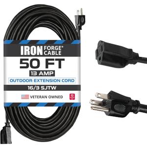 Iron Forge Cable 50 Ft Black Outdoor Extension Cord, 16/3, 50 Foot Outdoor Extension Cord, 3 Prong, Weatherproof - Great for Outside Use