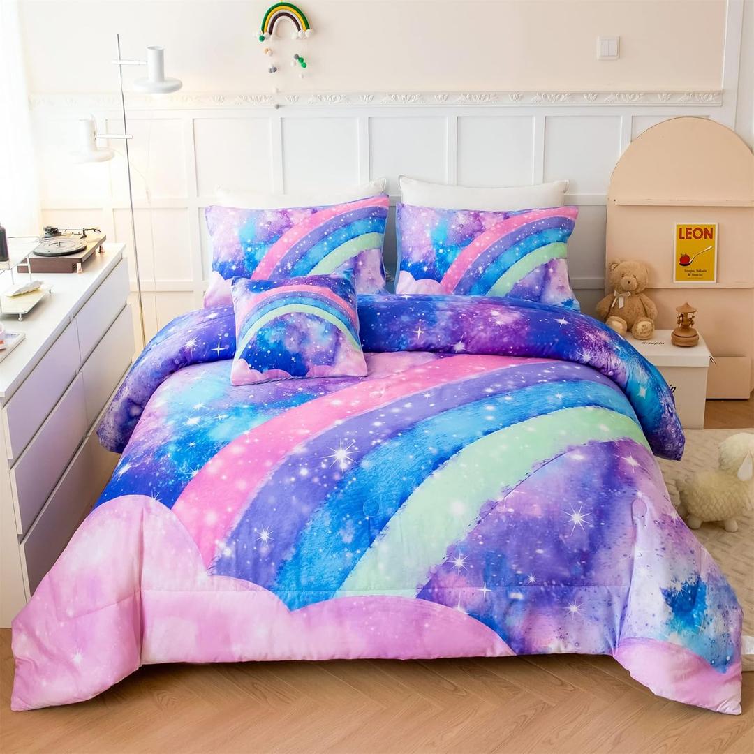 Drucon Rainbow Comforter Set Twin Size for Teen Girl &Boys, 6 Pieces Bed in A Bag Blue Blush Rainbow Bedding Set Twin Size(1 Comforter, 1 Flat Sheet, 1 Fitted Sheet, 1 Pillow Sham, 2 Pillowcases)