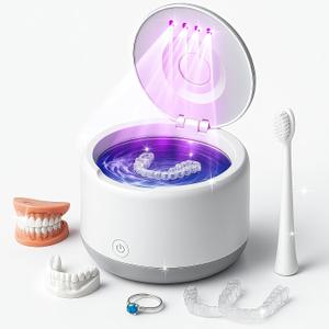 Rechargeable Ultrasonic Retainer Cleaner Machine, 46kHz Portable Dental Cleaning Pod for Night Mouth Guards, Braces, Jewelry, Aligner- 2500mAh Battery for Travel & Home