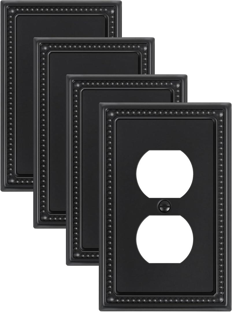 4-Pack Duplex Outlet Cover, Black Metal Wall Plates for Electrical Outlets, 1 Gang Receptacle Light Switch Cover, Pearls Beaded Decorative Switch Plates and Outlet Covers