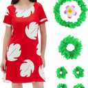 Women's Dress Costume With Pocket Hawaiian Red Dress Halloween Costume Cosplay Leaf Summer Dress (L)