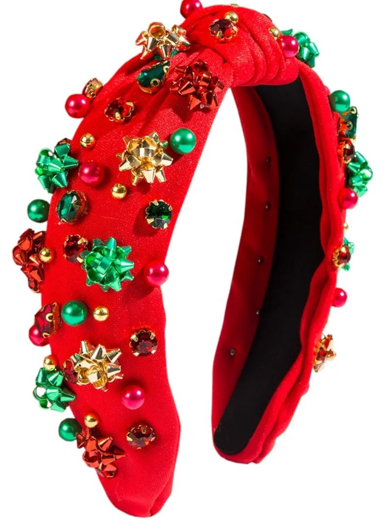 TULOBI Christmas Headband for Women Knotted Headband Xmas Red Green Pearls Rhinestone Crystal Jeweled Hairband with Embellished Crystals and Pearls Designs Holiday Outfits Gifts & Gifts (Red)