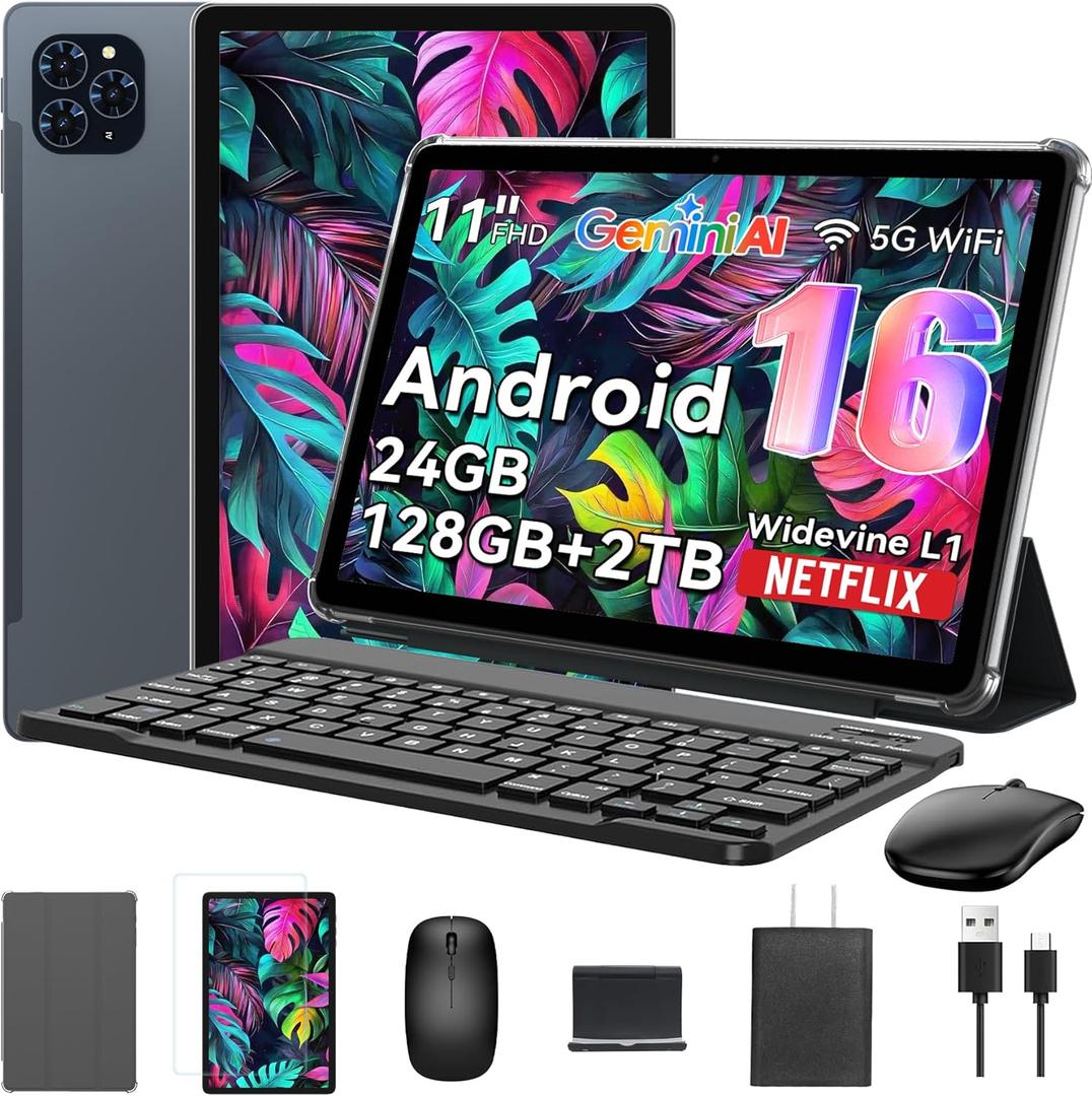 Tablet 2026 World's First Android 16 Tablet with Gemini AI, 11 Inch FHD Display, 24GB RAM 128GB ROM /2TB TF, T7250 CPU+13MP Camera, 8000mAh, Widevine L1, 2 in 1 Tablets with Keyboard Mouse Stylus (Gray)