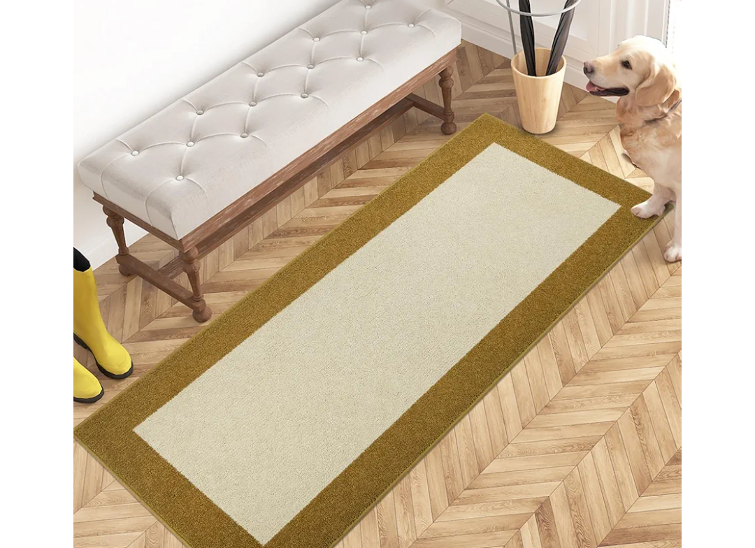 PURRUGS Dirt Trapper Door Mat 24" x 60", Non-Slip/Skid Machine Washable Entryway Rug, Shoes Scraper, Throw Rug, Super Absorbent Area Rug for Muddy Wet Shoes and Paws, Light Cream & Gold