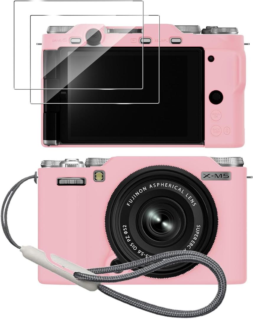 Silicone Case for Fujifilm X-M5 with 2PCS Screen Protector and Lanyard -(Pink)