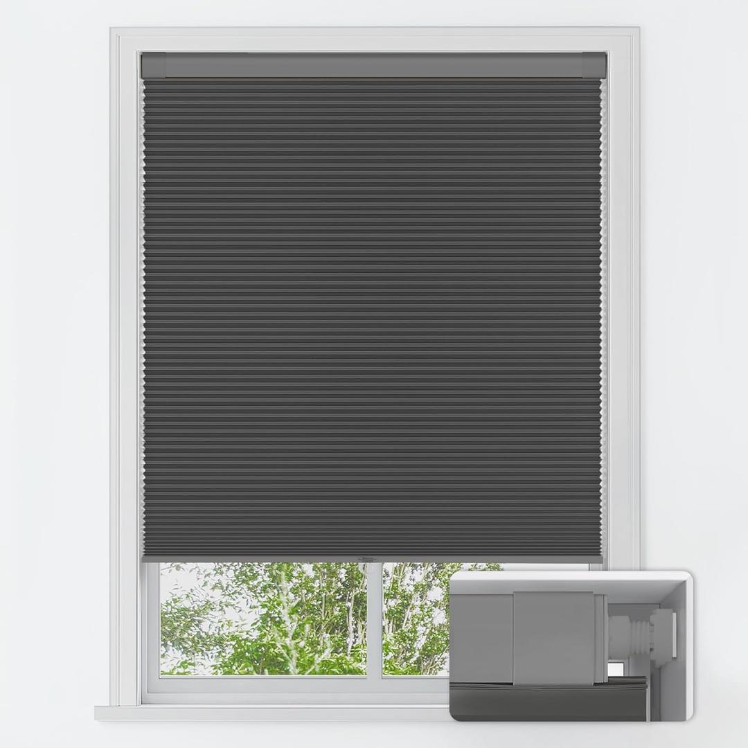 LazBlinds No Tools No Drill Cordless Cellular Shades, Blackout Light Blocking Honeycomb Shades for Home, Thermal Insulation Blinds for Windows, 25" W x 64" H, Black