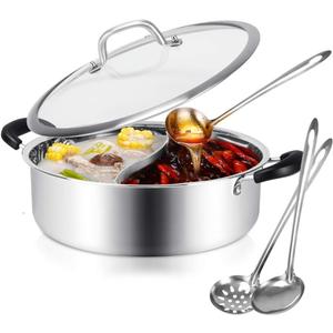 Hot Pot with Divider Stainless Steel Shabu Shabu Pot for Induction Cooktop Gas Stove 11 Suitable for 2-3 Person (11 inch)