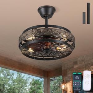 18" Small Black Industrial Caged Ceiling Fans with Lights and Remote