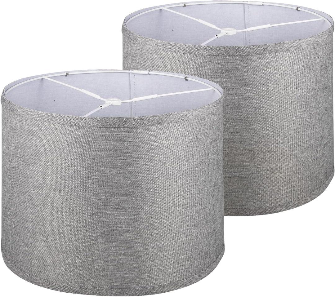 Lamp Shades Set of 2, Drum Lamp Shades for Table Lamps 11.6" Top x 12.6" Bottom x 9.8" High (Spider Fitter), Natural Linen Medium Lampshades for Floor Lamps Bedside Lamps, Grey