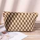 SOIDRAM 2 Pieces Makeup Bag Large Checkered Cosmetic Bag Capacity Canvas Mix Travel Toiletry Bag Organizer Cute Makeup Brushes Aesthetic Accessories Storage Bag for Women, Checkered Mix Brown