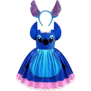 Esvaiy Girls Hawaiian Dress Costume Halloween Blue Princess Mouse Dress with Headband Kids Birthday Party Cosplay Outfit (7-8 Years)