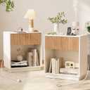 End Table with Charging Station, Fluted Nightstands Set of 2,Modern Bedside Table with Drawer and Storage Shelf, Wood End Table Mid Century Night Stands for Bedroom Living Room(White+Oak)