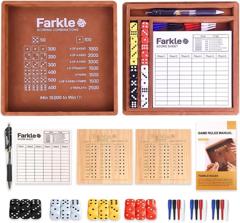 Farkle Dice Tray and Storage Case - Includes Embedded Scoring Combinations, 4 Sets of 6 Pearl Dice, 50 Sheet Score, 2 Scoreboards, 12 Scoring Sticks, and a Pen for The Classic Family Games (Brown)