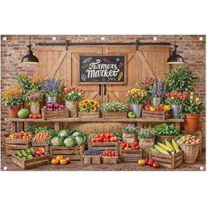 12x8ft Fabric Farmers Market Backdrop Fresh Vegetables Flowers Wooden Barn Spring Photography Background Baby Shower Birthday Party Decorations Photo Banner Props
