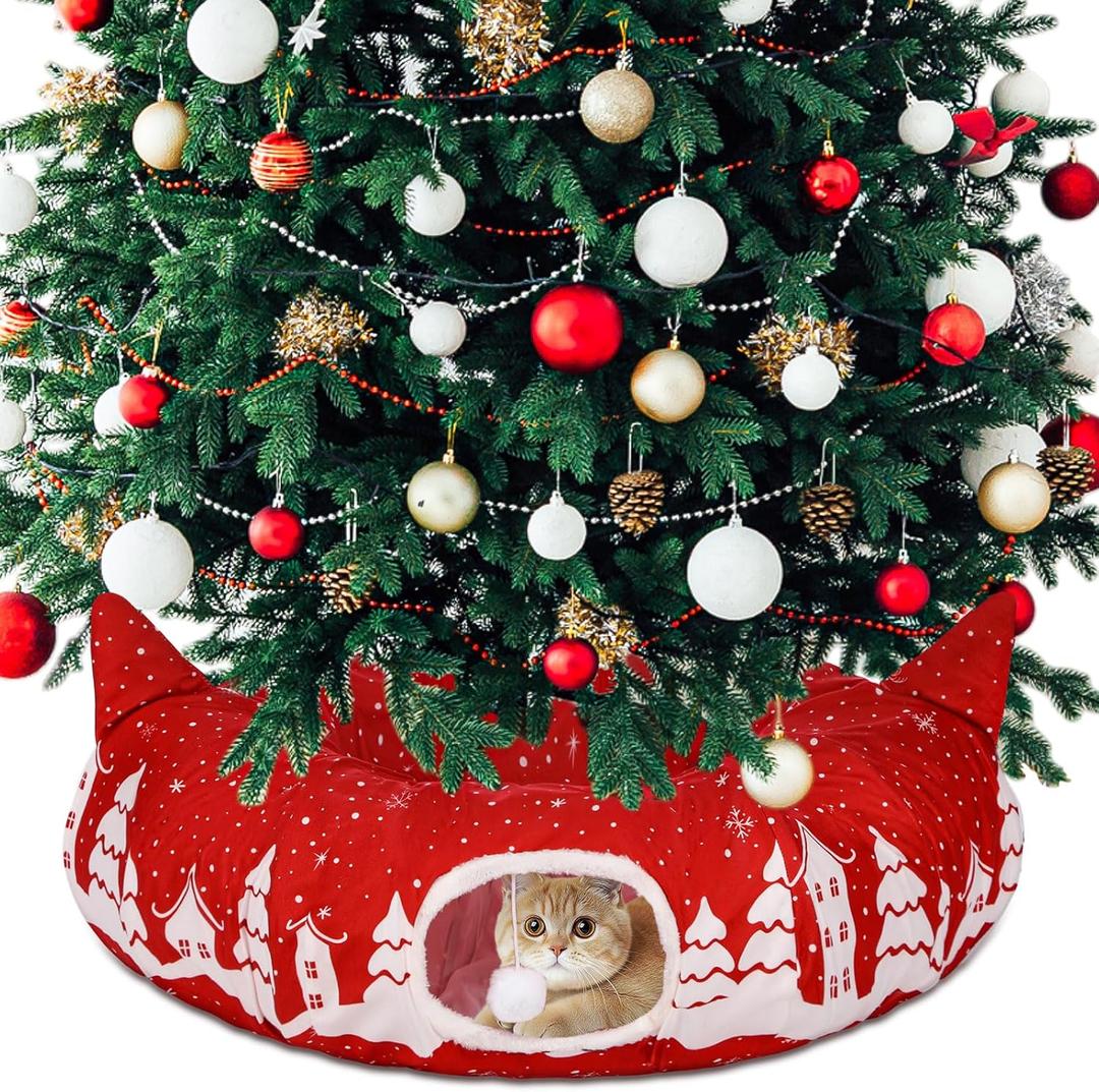 Kinlop Cat Tunnel for Christmas Tree Skirt 35.4'' Fluffy Plush Cat Donut Tunnel Bed Under Christmas Tree with Central Mat Collapsible Warm Soft Kitten Tube Cave for Kitten Small Animal