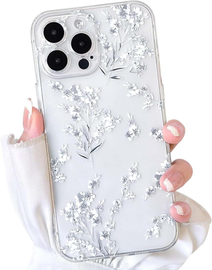 NITITOP Compatible with iPhone 14 Pro Max Case Cute Clear Flower Floral Artistic Design for Women Girls Stylish Slim Soft TPU Shockproof Protective Girly Phone Cover - White