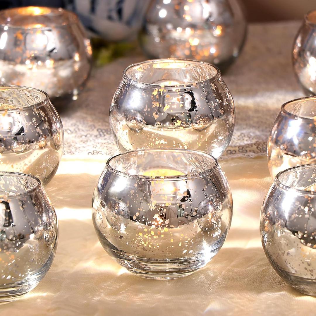 LAMORGIFT Silver Votive Candle Holders Set of 10- Mercury Glass Votives Candle Holder - Christmas Tealight Candle Holder for Home Decor and Weddings/Parties Table Centerpieces