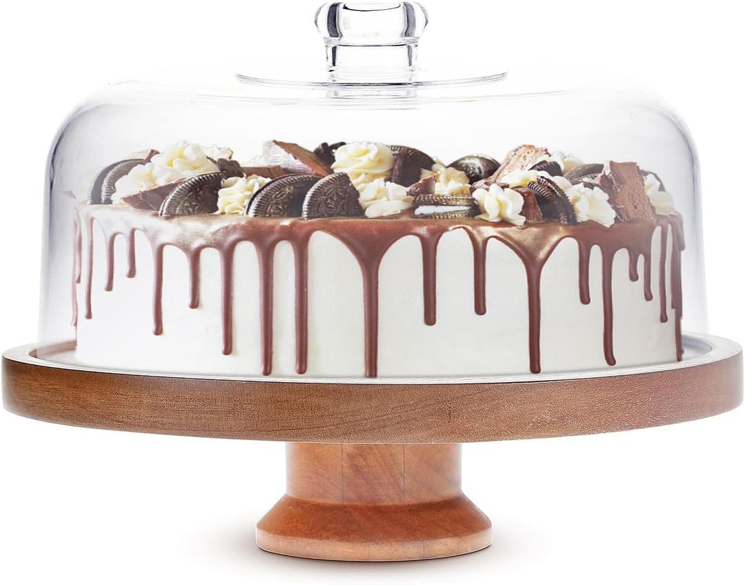 Wooden Cake Stand with Lid, Acacia Cake Stand with Glass Dome, Versatile Dessert Stand with Strong Magnetic Pedestal, Cake Holder for Birthday/Kitchen/Party/Charcuterie (3.1H)