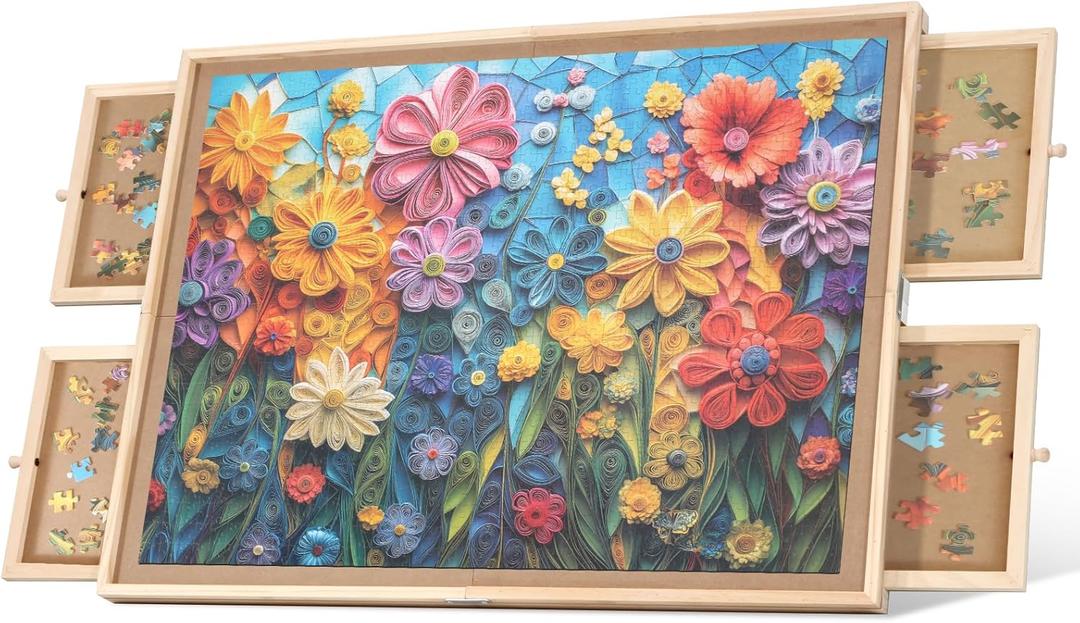 1000 Pieces Assembly Required Rotating Puzzle Board with 4 Drawers, Lazy Susan & Transparent Cover, 28.7"x20.9" Portable Wooden Jigsaw Puzzle Table, Great Gift for for Puzzle Enthusiasts