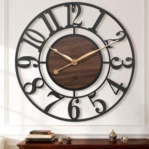 24 Inch Black Arabic Numeral Large Wall Clock with Walnut Dial
