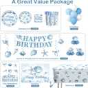 Seashell Birthday Decorations, Blue Coastal Beach Party Decorations All-in-One Set Serves 25, 233PCS Ocean Theme Supplies with Banner Backdrop Tableware Tablecloth Balloons Cake & Cupcake Toppers