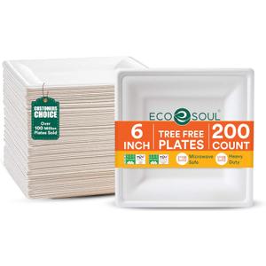 ECO SOUL Compostable Paper Plates 6 Inch, 200 Pack Small Disposable Dessert Plates, Heavy Duty, White Bagasse, Leak-Resistant, Microwave Safe, Eco-Friendly Square Appetizer Plates for Party & BBQ